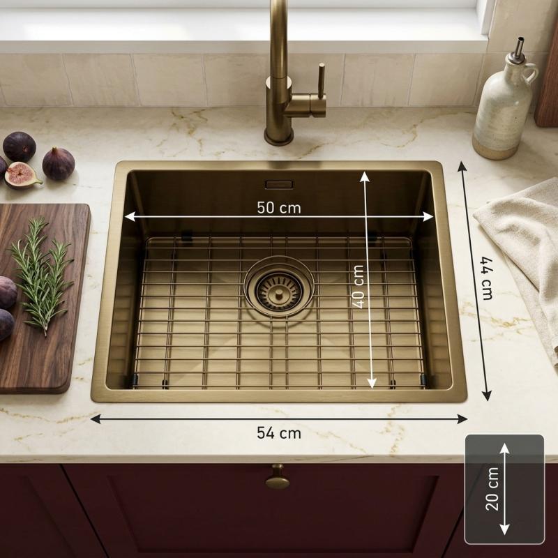 Pure.Sink Luxion PVD Antiek Bronzen spoelbak 50x40 cm onderbouw, vlakinbouw en opbouw met bodemrek PLX5040-64
